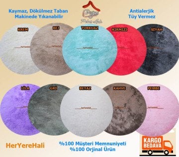 Yamalı Home Peluş Tavşan Tüyü 140x140cm Kaymaz Yuvarlak Halı Kırmızı