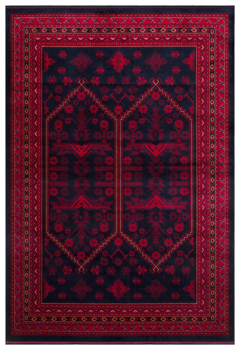 HERAT HER 01 NAVY Afgan Desenli Viskon Sıkı Dokuma Kaymaz Tabanlı İnce Makine Halısı