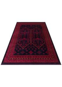 HERAT HER 01 NAVY Afgan Desenli Viskon Sıkı Dokuma Kaymaz Tabanlı İnce Makine Halısı