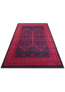HERAT HER 01 NAVY Afgan Desenli Viskon Sıkı Dokuma Kaymaz Tabanlı İnce Makine Halısı