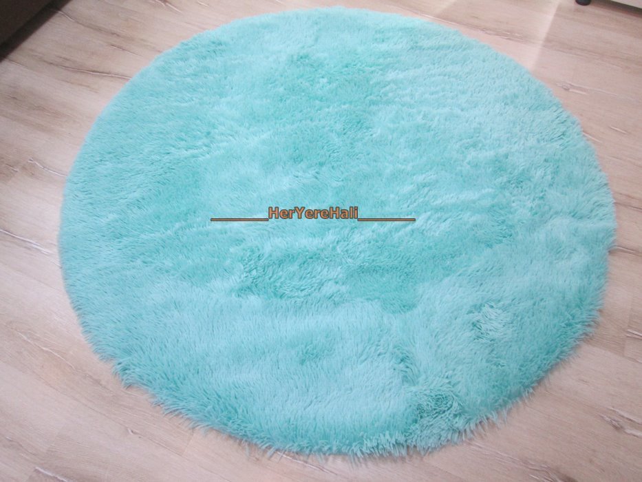 Yamalı Home Peluş Tavşan Tüyü 140x140cm Kaymaz Yuvarlak Halı Turkuaz