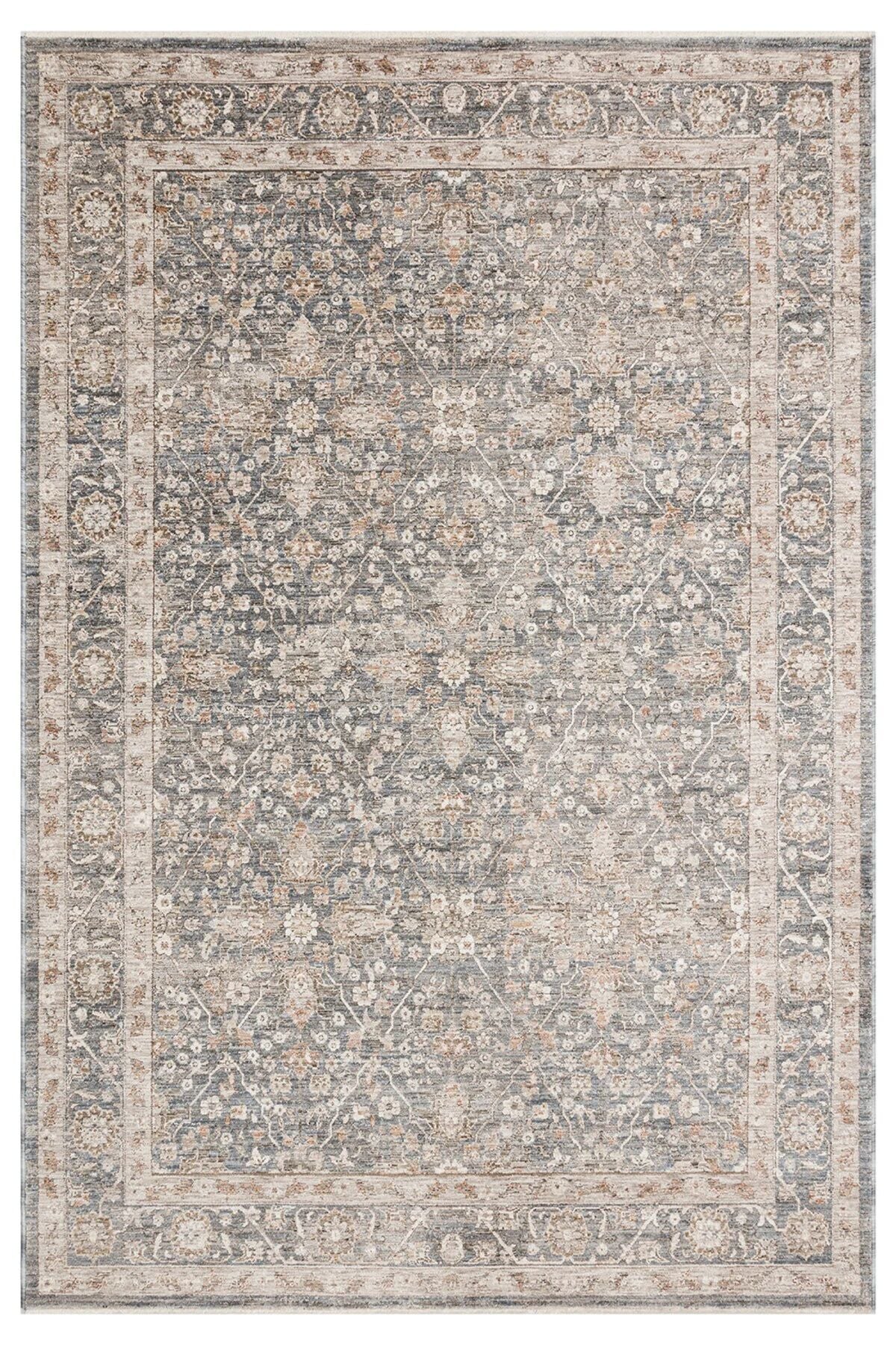 Sahra Collection - Sh12 Mavi Gri Vintage Etnik Otantik desenli Klasik Polyester Viskon Salon Oturma Odası Halısı 160x230 cm