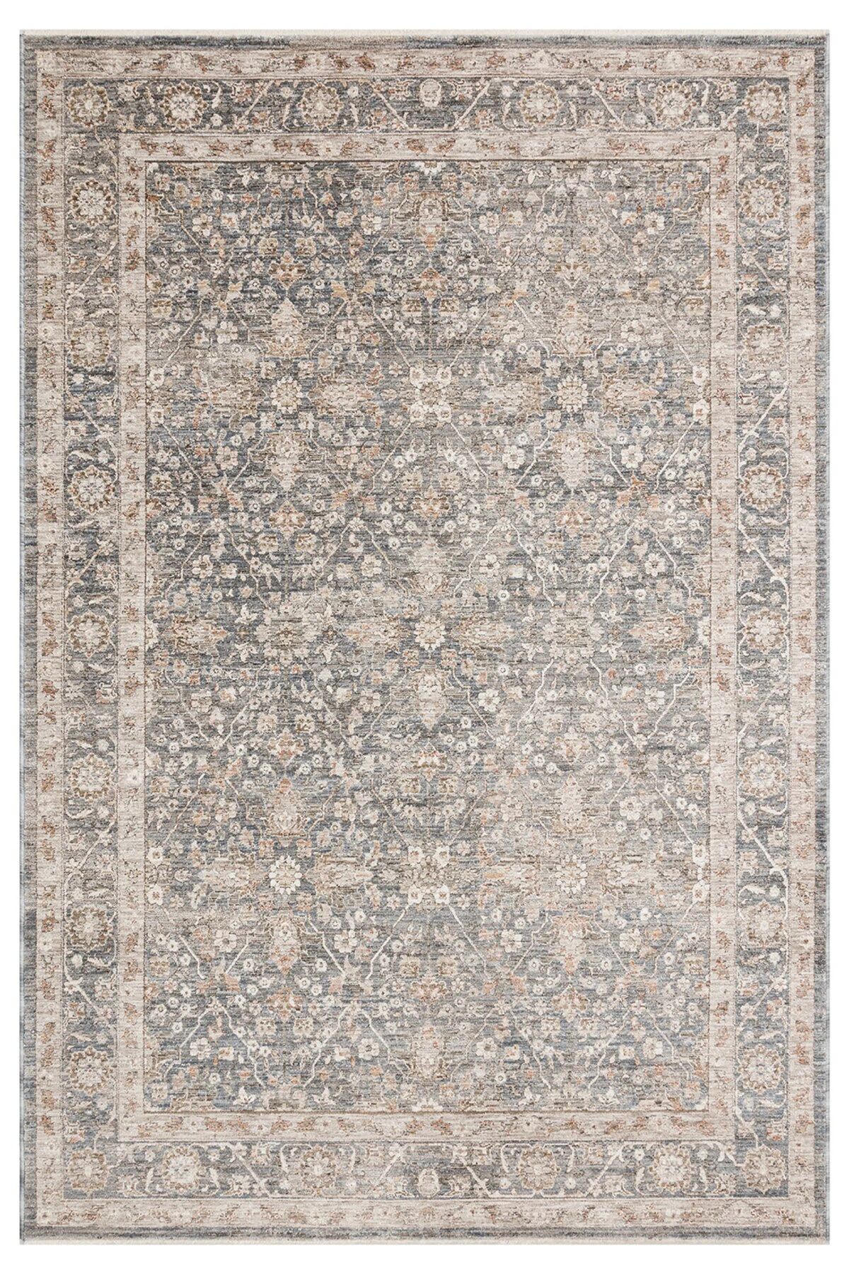 Sahra Collection - Sh12 Mavi Gri Vintage Etnik Otantik desenli Klasik Polyester Viskon Salon Oturma Odası Halısı 160x230 cm