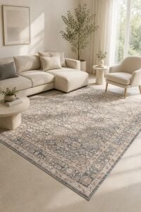 Sahra Collection - Sh12 Mavi Gri Vintage Etnik Otantik desenli Klasik Polyester Viskon Salon Oturma Odası Halısı 160x230 cm