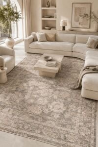 Sahra Collection Sh08 Bej Gri Uşak Desenli Vintage Eskitme Dokuma Salon Halısı 200x290 cm