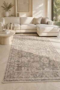 Sahra Collection Sh08 Bej Gri Uşak Desenli Vintage Eskitme Dokuma Salon Halısı 200x290 cm
