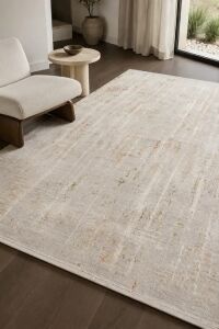 Zes Collection Modern Vintage Desenli Bej Turuncu Mavi Eskitme Dokuma Yumuşak Salon Halısı 160x230 cm