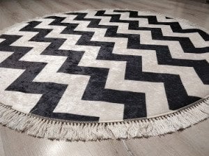 YamalıHome Style Viva7803 Siyah Beyaz Zikzak 120x120 cm Yuvarlak Kilim
