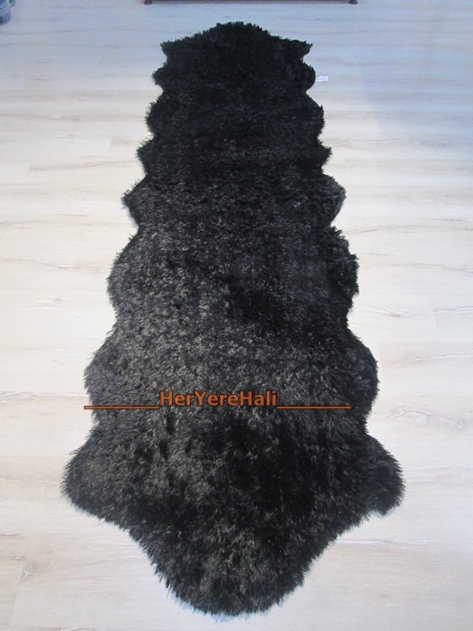 Yamalı Home Peluş Tavşan Tüyü 80x300cm Kaymaz Tabanlı Post Halı Siyah